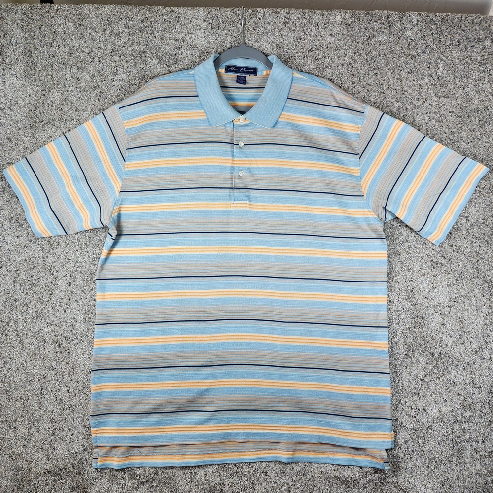 Alan Flusser Golf Polo Shirt Mens XL Blue Orange Striped Mercerized Cotton Exc